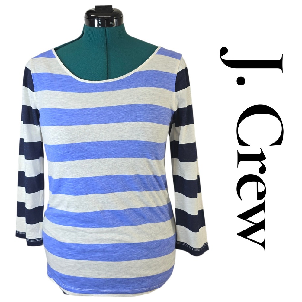 J. Crew Womens Striped 3/4 Sleeve‎ Cotton Slub Jersey Top Blue White 92035 Small